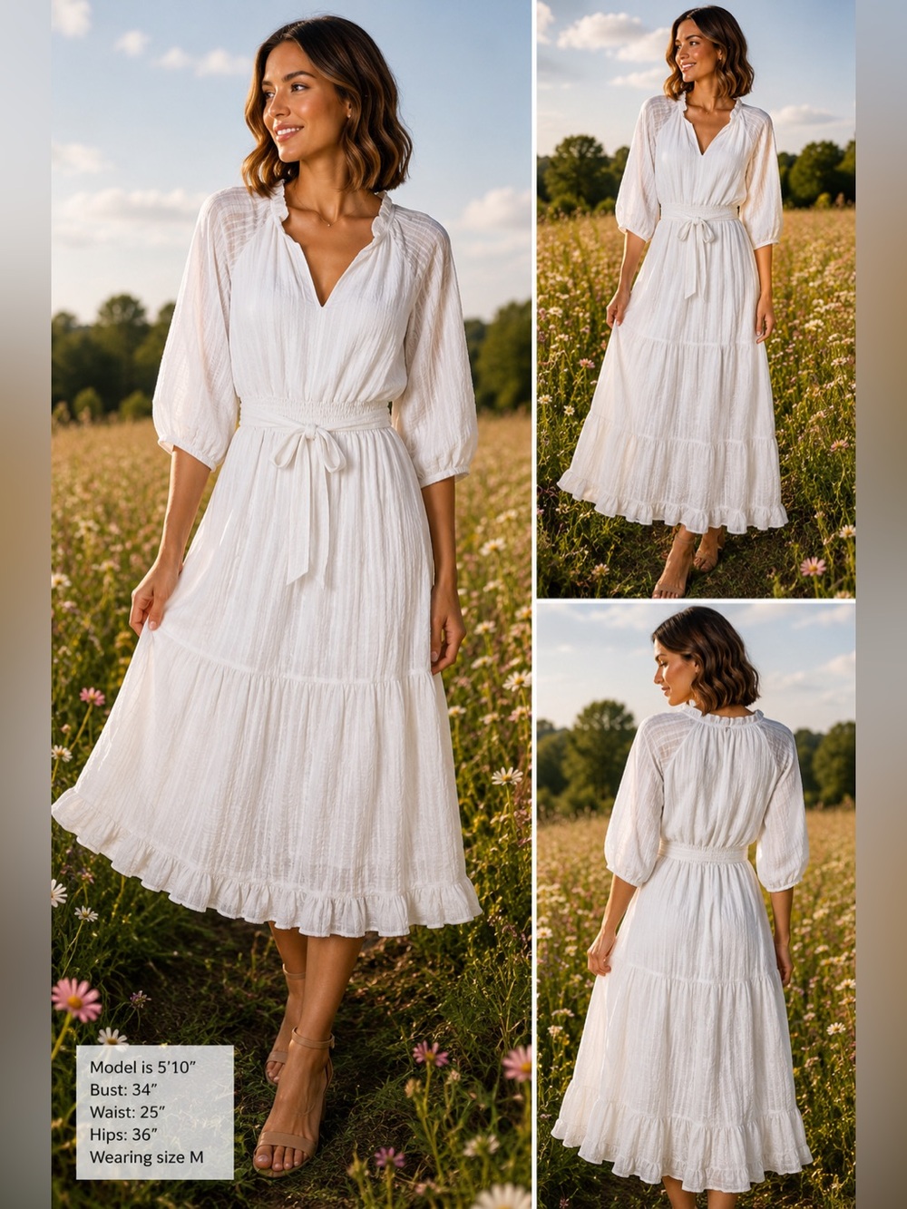Moon River White Textured Tiered Midi Dress | Smocked Waist Boho Cottagecore M - Picture 9 of 9